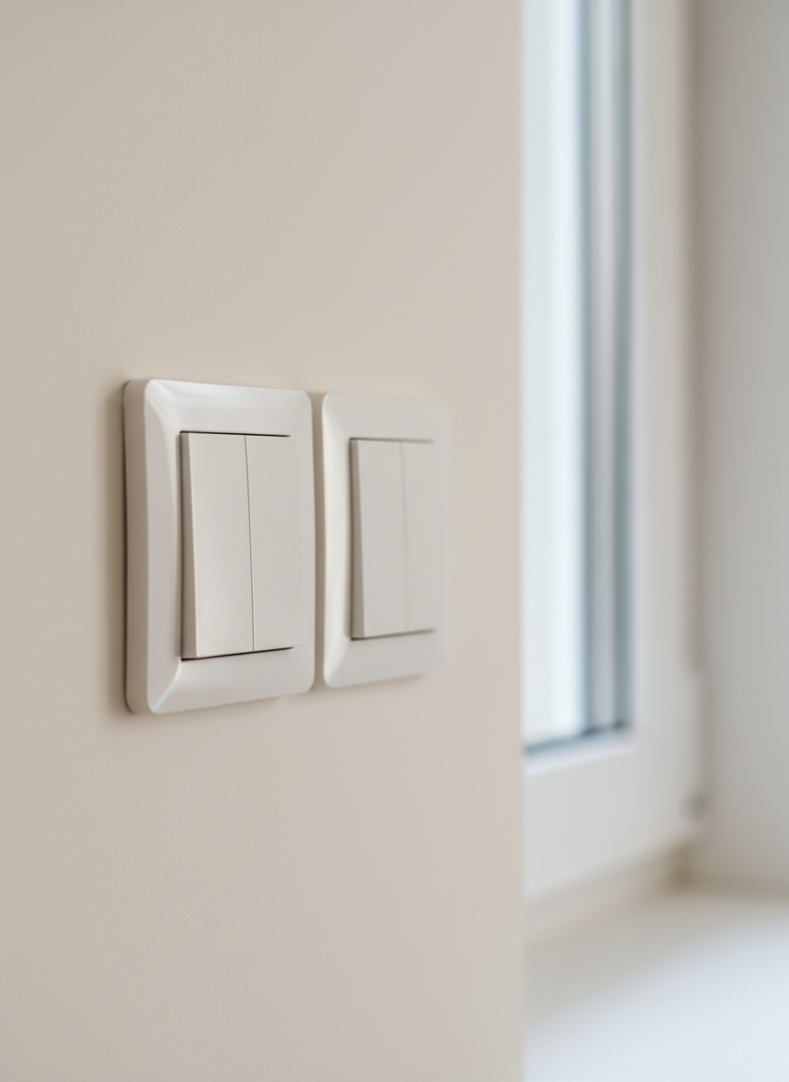 O priză dublă albă, modernă, montată perfect drept pe un perete proaspăt zugrăvit în nuanță caldă de alb într-un apartament din Chișinău. Lângă ea, un întrerupător nou cu margini bine definite, toate încastrate impecabil în tencuiala netedă. Lumina naturală de după-amiază intră difuz printr-o fereastră în afara cadrului, creând reflexii discrete pe plasticul satinat și umbre moi în jurul ramei. Compoziția este la nivelul ochilor, cu focalizare clară pe detalii și fundal ușor estompat. Atmosfera este profesională, curată și sigură, în stil fotografic realist, potrivit pentru a ilustra servicii electrice de încredere pentru apartamente.