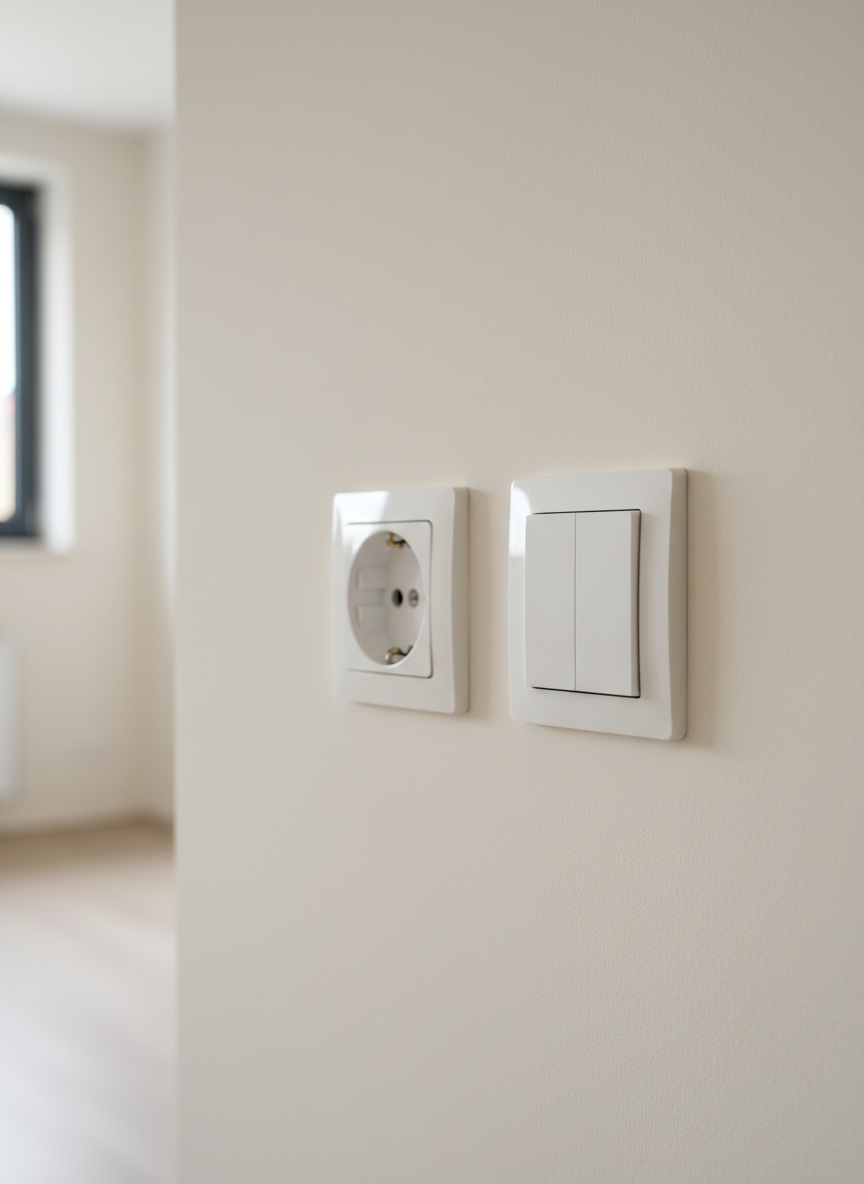 O priză dublă albă, modernă, montată perfect drept pe un perete proaspăt zugrăvit în nuanță caldă de alb într-un apartament din Chișinău. Lângă ea, un întrerupător nou cu margini bine definite, toate încastrate impecabil în tencuiala netedă. Lumina naturală de după-amiază intră difuz printr-o fereastră în afara cadrului, creând reflexii discrete pe plasticul satinat și umbre moi în jurul ramei. Compoziția este la nivelul ochilor, cu focalizare clară pe detalii și fundal ușor estompat. Atmosfera este profesională, curată și sigură, în stil fotografic realist, potrivit pentru a ilustra servicii electrice de încredere pentru apartamente.