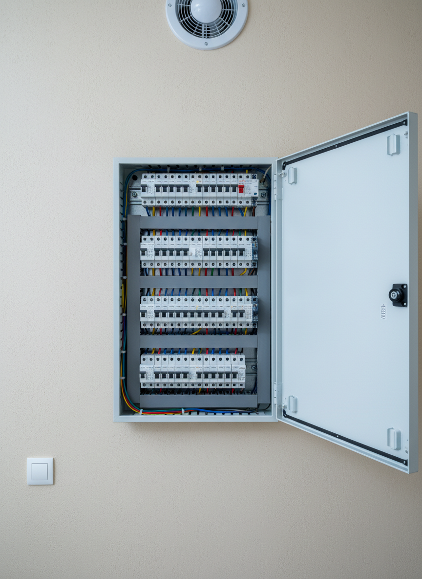 Un tablou electric modern de apartament, cu ușa metalică deschisă, vopsită alb mat, fixat pe un perete finisat cu vopsea lavabilă bej deschis. În interior se văd siguranțe automate etichetate ordonat, cabluri colorate aliniate perfect cu coliere de plastic, toate într-o ordine impecabilă. Lumina rece de tavan luminează uniform zona, evidențiind texturile metalului și plasticului, în timp ce umbrele sunt discrete. Imaginea este fotografiată frontal cu un cadru strâns, accentuând simetria și profesionalismul lucrării. Atmosfera este tehnică, de maximă siguranță, cu un aspect curat, modern și foarte organizat, ideal pentru un site de electrician profesionist în Chișinău.