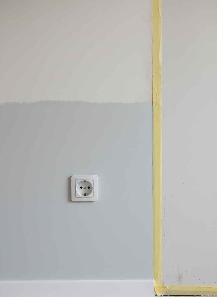 Un detaliu de priză nouă montată pe un perete finisat cu vopsea lavabilă gri foarte deschis, lângă o zonă unde zugrăveala este încă în lucru, cu bandă de mascare galbenă aplicată perfect drept de-a lungul plintei. Deasupra, linia dintre zona vopsită și partea încă nevopsită este clară și curată, fără urme sau scurgeri. Lumina neutră de tavan iluminează uniform scena, scoțând în evidență netezimea peretelui și aspectul proaspăt al lucrării. Cadru apropiat, în stil fotografic realist, cu accent pe precizie și atenția la detalii în integrarea instalațiilor electrice cu lucrările de zugrăvie în apartamente.