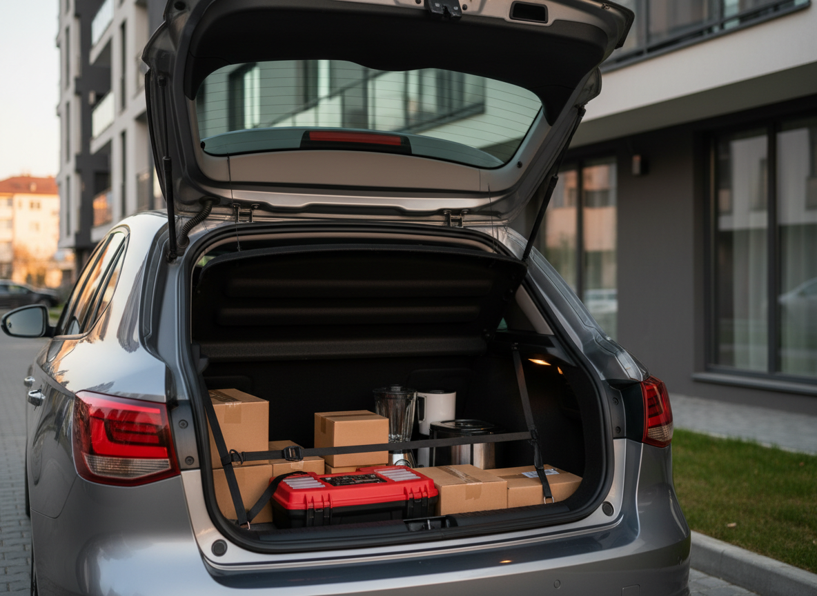 Portbagajul deschis al unei mașini de oraș de culoare gri metalizat, parcată ordonat lângă un bloc de apartamente din Chișinău. În interior se văd organizat cutii de carton de dimensiuni mici și medii, o cutie de scule electriciene și câteva aparate electrocasnice compacte, toate bine fixate cu chingi. Tapiseria portbagajului este neagră, curată, cu textură textilă fină. Lumina de seară, ușor caldă, cade din lateral, subliniind volumul încărcăturii fără a crea contraste dure. Fotografia este realizată de la nivelul taliei, cu accent pe ideea de transport cu volum mic, ordonat și sigur. Stil fotografic realist, clar, modern, sugerând servicii serioase și bine organizate.