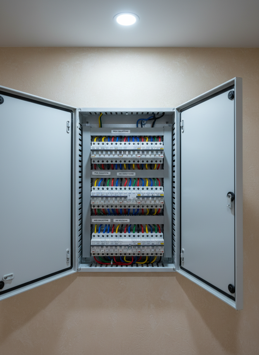 Un tablou electric modern de apartament, cu ușa metalică deschisă, vopsită alb mat, fixat pe un perete finisat cu vopsea lavabilă bej deschis. În interior se văd siguranțe automate etichetate ordonat, cabluri colorate aliniate perfect cu coliere de plastic, toate într-o ordine impecabilă. Lumina rece de tavan luminează uniform zona, evidențiind texturile metalului și plasticului, în timp ce umbrele sunt discrete. Imaginea este fotografiată frontal cu un cadru strâns, accentuând simetria și profesionalismul lucrării. Atmosfera este tehnică, de maximă siguranță, cu un aspect curat, modern și foarte organizat, ideal pentru un site de electrician profesionist în Chișinău.