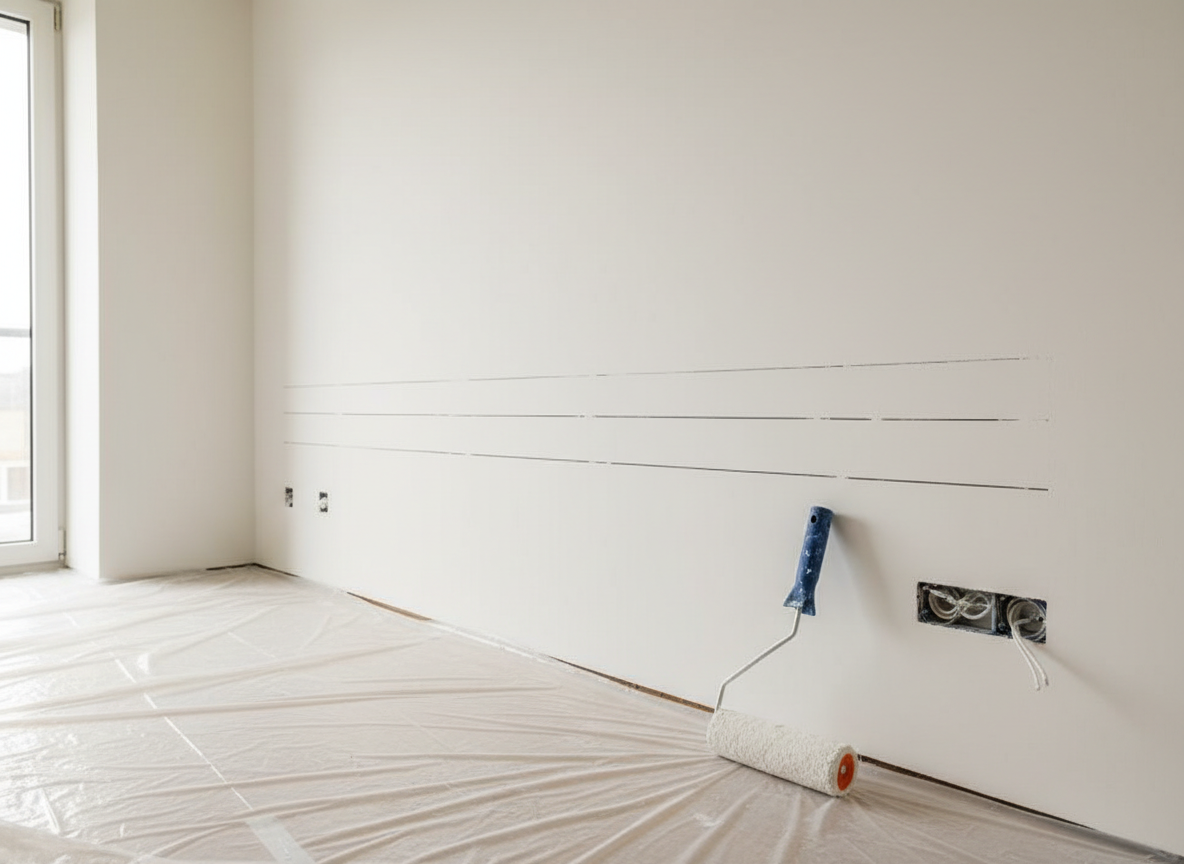 Un colț de cameră de apartament în curs de renovare, cu un perete deja gletuit și zugrăvit impecabil în alb cald, pe care se disting clar traseele noi de cabluri electrice mascate sub doze perfect aliniate. Pe jos, o folie de protecție curată acoperă parchetul, iar lângă perete este sprijinit un trafalet mare, cu urme fine de vopsea albă pe burete. Lumina naturală de dimineață intră printr-o fereastră laterală, creând o atmosferă luminoasă și ordonată. Fotografie la un unghi ușor oblic, cu profunzime de câmp medie, surprinzând atât detaliul electric, cât și calitatea zugrăvelii, exprimând profesionalism și grijă pentru detalii.